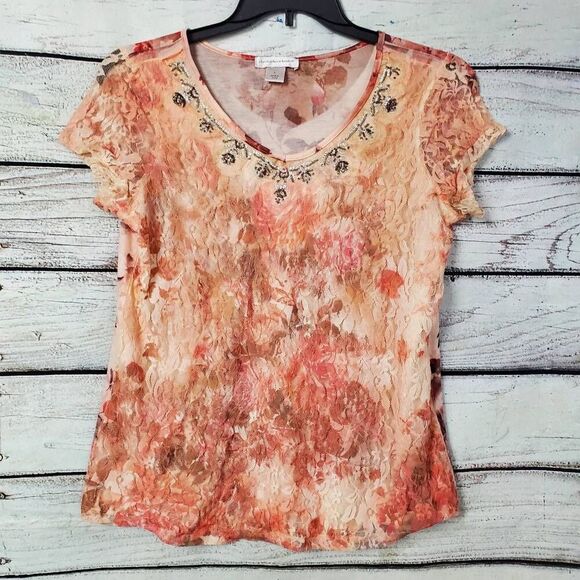 Christopher & Banks Large Peach Lace SS Blouse - Picture 1 of 7